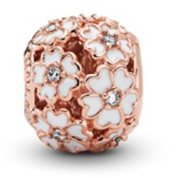 New Pandora Rose Gold Primrose Meadow White Enamel Charm Bead w/pouch - Picture 2 of 3